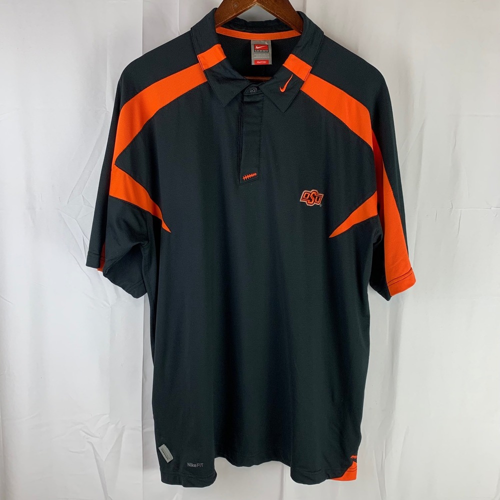 Oklahoma State Cowboys Nike Polo Shirt Mens L Black Orange Nike FIT Sideline OSU